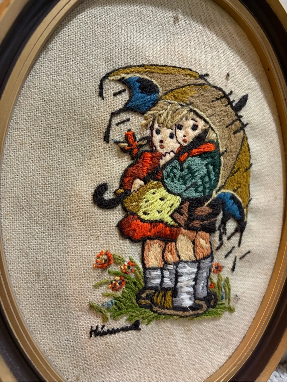 Vintage Embroidered Children Pair Oval Wall Art - Yellow, Blue, Green